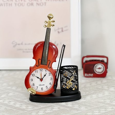 Sjarmerende fiolinformet vekkerklokke med pennholder - Kreativ musikkinstrumentdesign, batteridrevet bordtimer for stuedekor