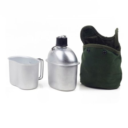 Flaske Militær Feldflaske Sett Rustfritt Stål 0,9L med Kopp 0,5L Grønt Nylon Trekk