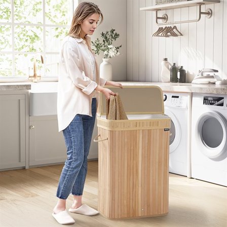 Tvättkorg i bambu med lock och handtag 72L