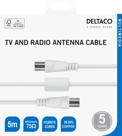 Deltaco Antenna cable, 75 Ohm nickel-plated connectors, 5m, white