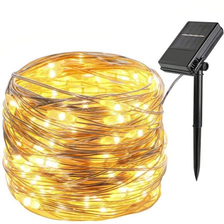 Julbelysning, 12 m, 100 LED, RGB, 8 lägen, IP45 vattentät, Batteri/Solpanel, Varmvit