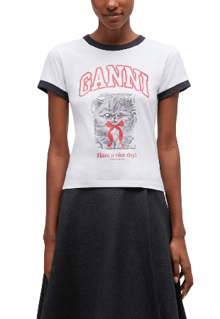 GANNI Basic Cotton Jersey Margot Kitty Print T-shirts Dam Vit M