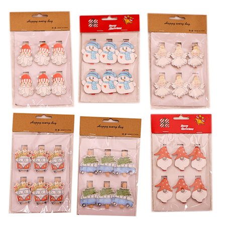 6 stk. Juletræsklip i træ med tegnefilm, julepynt