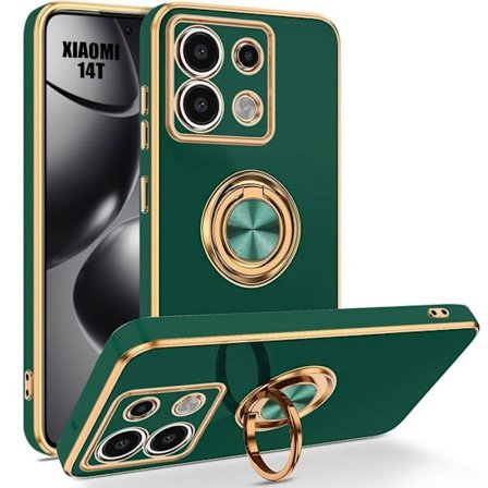 Coque för Xiaomi 14T - Skydd i mjuk silikon med roterande ring - Nattgrön