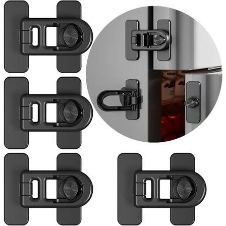 Lapsilukko jääkaapin oveen, yhteensopiva jääkaappien, pakastimien ja kaappien kanssa, kiinnitys liimalla, ei vaadi työkaluja tai porausta (musta)