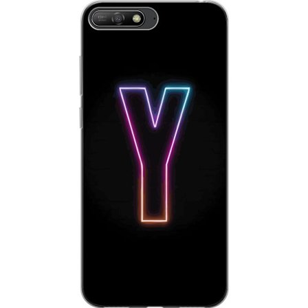 Kompatibel Mobilcover til Huawei Huawei Y6 (2018) Minimalistisk neonbogstav Y i farveskiftende lys mod sort baggrund