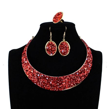 Rött halsband örhängen ring set, bröllop smycken för brud, brudtärna, fest
