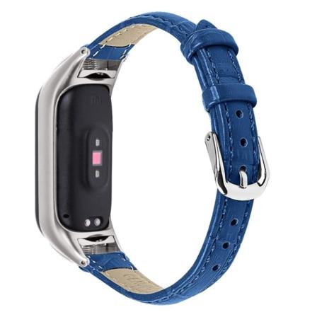 Xiaomi Mi Band 7 Lehmänahkainen nahkaranneke hopeisella suojuksella - Sininen Blue