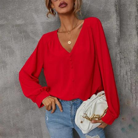 Dam Chiffongskjorta V-ringad Enkelknäppt Långärmad Tröja