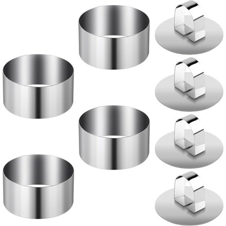 Sæt med 4 kageringe i rustfrit stål, anretterringe, mousseringe, lille rund kageform 8 cm, dessertringe og madlavningsringe til kager og mousser