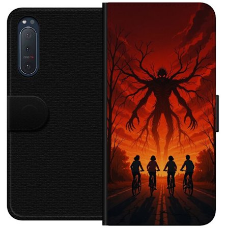 Yhteensopiva Lompakkokotelo Sony Sony Xperia 5 II Tumma Stranger Things -inspiroima kauhukuvaus punaisilla taivaalla, hirviöhahmo ja pyöräilevät l