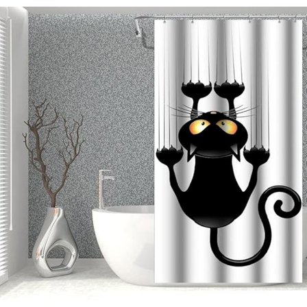 90x180cm Sort Kat med Pote Aftageligt Bruseforhæng Sødt Sjovt Kattekillinge Badeforhæng Hvid Baggrund Polyester Badekar Forhæng kompatibelt 
