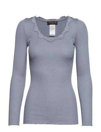 Silk T-Shirt W/ Lace T-shirts & Tops Long-sleeved Blå Rosemunde