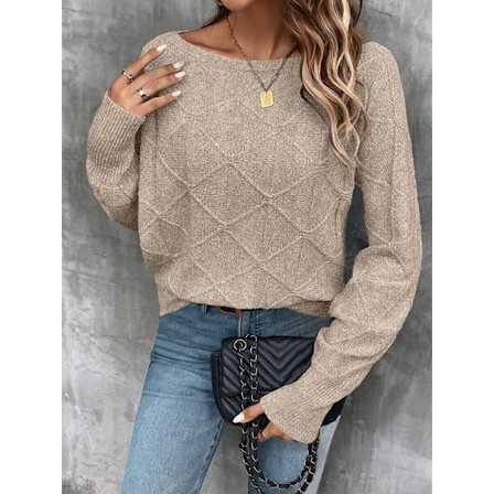 Ledig stickad tröja för dam med båtringning och batwingärm