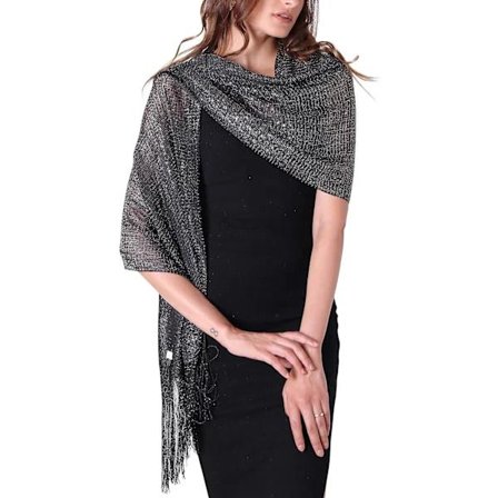 【PP】Glitterende festkjoler for kvinner, kapper og sjal (svart/sølv)