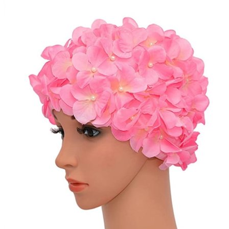 Damsimningsmössa i vintage-stil, blommigt tryck, retro-stil, rosa