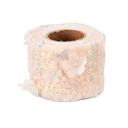 Broderte paljettblomster tyllnettbånd 10 Yards Beige dekorativt håndverkstilbehør