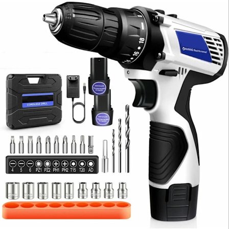 Batteridrevet drill med 2x 1500mAh Li-Ion Batterier Drill-skrutrekker 45Nm 23 deler