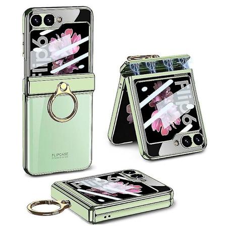 For Samsung Galaxy Z Flip 6 Etui med Ring Holder Magnetisk Hengsel Dekning Beskyttende Transparent Plating PC All-Inclusive Deksel Green