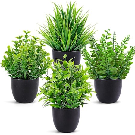 Kunstige planter 4-pakning Små falske planter i svart potte for baderom hjemmekontor borddekor innendørs