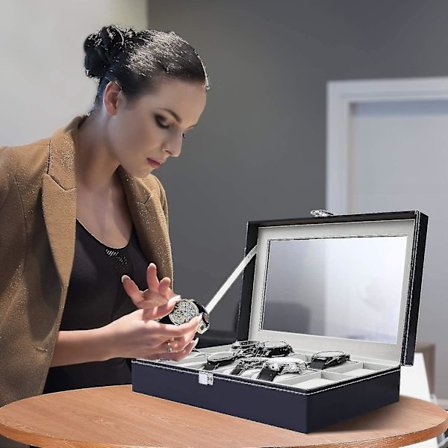 Klokkeboks Klokkeetui 12 Spor, PU Lær Klokkeoppbevaring Visningsboks Etui For 12 Klokker, Valentinsdag Gaver Bursdagsgaver, Grå