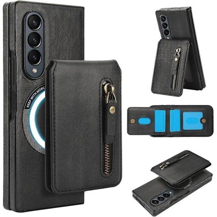 Fodral för Samsung Galaxy Z Fold 4/Fold 3 med 2-i-1 Avtagbar Magnetisk Plånbok 4 Kortplatser och 1 Dragkedjeförsedd Väska Kompatibel med MagSafe och 