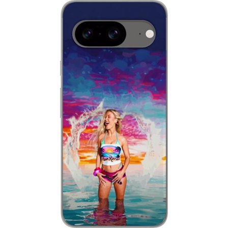 Kompatibel Mobilcover til Google Pixel 8 Blond kvinde i farverigt strandtøj, der leger i havet ved solnedgang