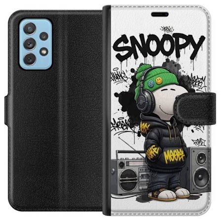 Samsung Galaxy A52 5G Lompakkokotelo Snoopy katukuteissa kuulokkeet päässä, graffitityyli ja suuri hymy seisoessaan boomboxin vieressä siistissä