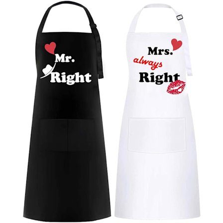 Pieces Mr. & Mrs. Esiliina, Vedenpitävä keittiöesiliina, Säädettävä esiliina 2 taskulla, Pari-esiliinalahja (Musta & Valkoinen)