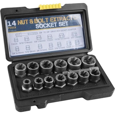 14-delt møtrikfjernersæt Spiral skrueudtrækkersæt Topnøglesæt Boltudtrækker til fjernelse af beskadigede og rustne møtrikker og skruer 6,35-19 mm