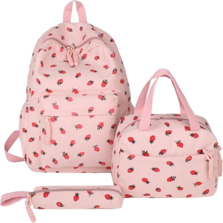 Skolerygsæk til piger - Yndig jordbærmanchester 3-i-1 skoletaske med fleece madkasse & penalhus til alderen 8-10