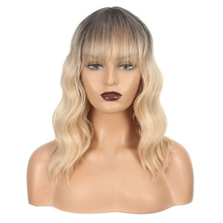 Skulderlang parykk med krøllete, bølget hår, rotparykk, lugg for