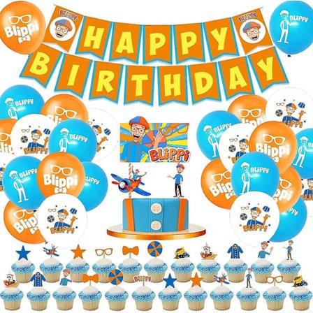 Födelsedagsfest Tillbehör 68 delars set Inkluderar 1pack Blippi Grattis på födelsedagen Banner, 24st Latexballonger, 24st Cupcake Toppers, 1pack 