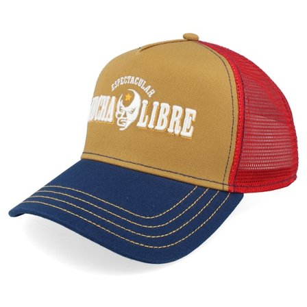 JJ Hats - Zwart trucker Cap - Lucha Libre Camel/Red/Navy A-Frame Trucker @ Hatstore