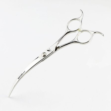 7,5" buet hundeplejesaks, ergonomisk trimmesakse til katte til kæledyr med offset håndtag og en smykkeskrue til højrehåndsfrisører, skarp, komfortabel