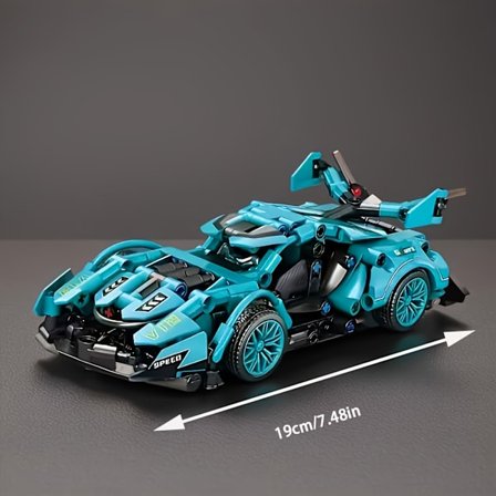 Superbil Model Byggesæt med Åbningshjelm og Funktionelle Døre - Stort Blåt Klods Sæt med Sort Chassis, Hvide Fælge