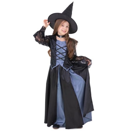 Häxdräkt med Spetsdetaljer – Svart/Grå M - Halloween Dekoration - Kalaslagret.se