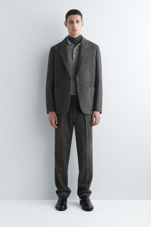 COS Men's Wool Herringbone Straight Leg Trousers in Green