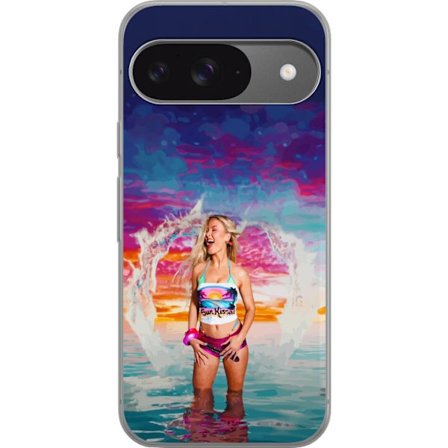 Kompatibelt Mobildeksel til Google Pixel 9 Blond kvinne i fargerik strandantrekk som leker i havet ved solnedgang