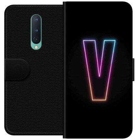 Yhteensopiva Lompakkokotelo OnePlus OnePlus 8 Neonkirjain V värikoodattu valossa mustaa taustaa vasten, minimalistinen muotoilu selkeällä hehkulla