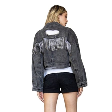 Damelanget Denimjakke med Frynser og Strass