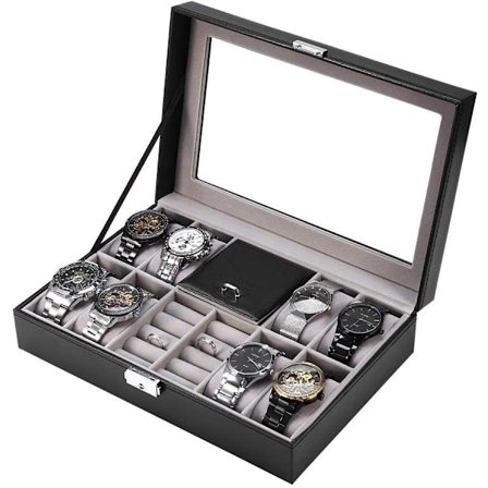 Klocklåda eller smyckeskrin, kan förvara 8 klockor och ringar, smyckesförvaringslåda, presenter till män, makar, fäder, ljusgrå