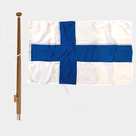 Flag set with boat ensign Adela Original, Finland, marine polyester (170 g / m²), 50 cm x 30 cm + flagstaff Ø25 mm, 60 cm in teak