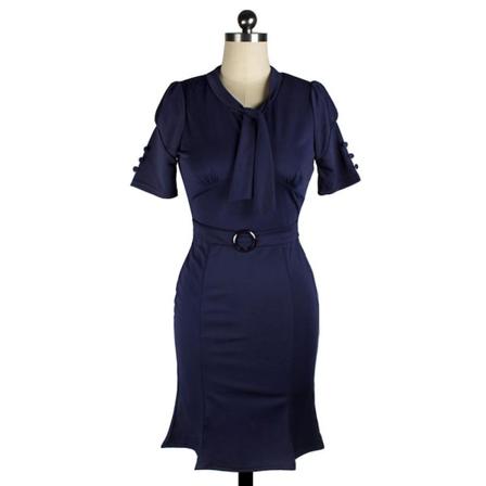 Ol Solid Collar Splicing Plisserad kjolklänning dark blue 2XL