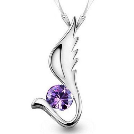 Wing necklace - silver color with purple rhinestone