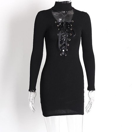 Dame Vår Sexy Dyp V-hals Halter Strikket Hoftedress Utklipt Snøring Langermet Ensfarget Allsidig