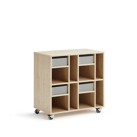 Elevförvaring CASPER, 4 lådor, 8 fack, hjul, björk, grå