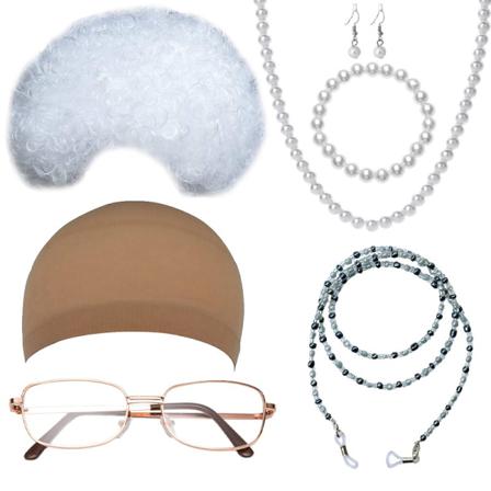 1set Old Lady Set Grå Hår Cosplay Granny Grey Peruk Rollspel A