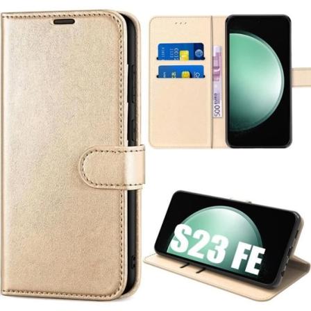 Samsung Galaxy S23 FE etui, guld, PU læder beskyttende etui med kortpladser (ikke til S23) gyllene