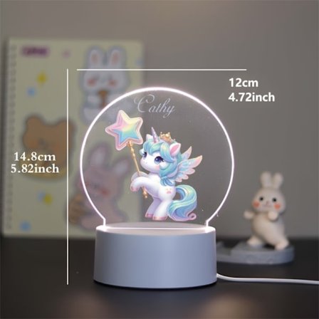 Tilpasset Regnbue Enhjørning 3D Fargeskiftende LED Nattlys med Navn/Tekst - Plug & Play Kontrollert Sengelampe Egnet for Gutter Jenter, Romdekor